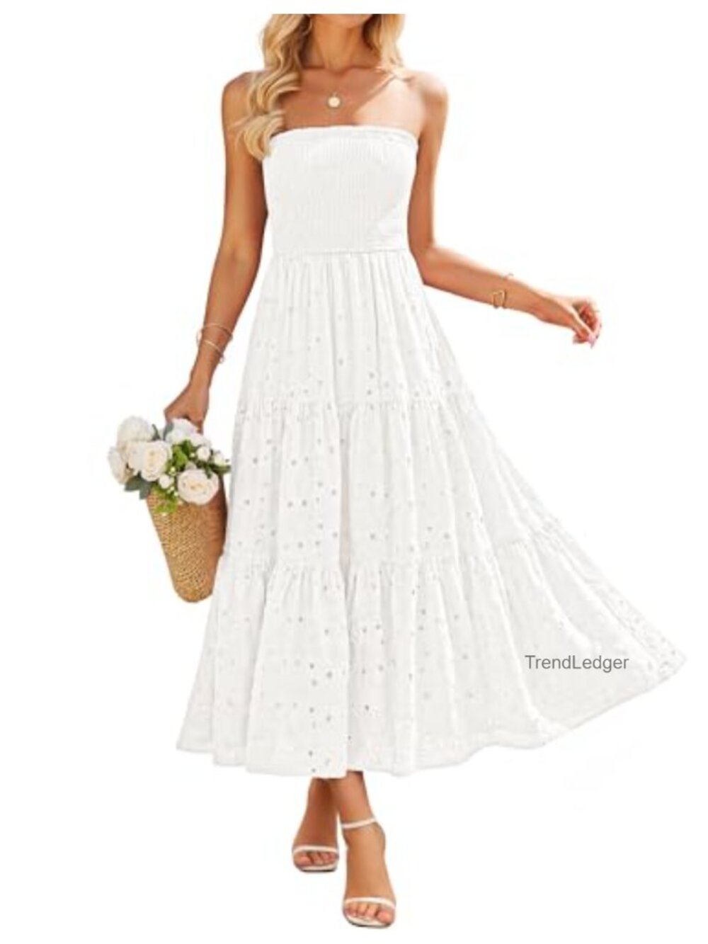 Boho Strapless Smocked Midi Dress with Pockets